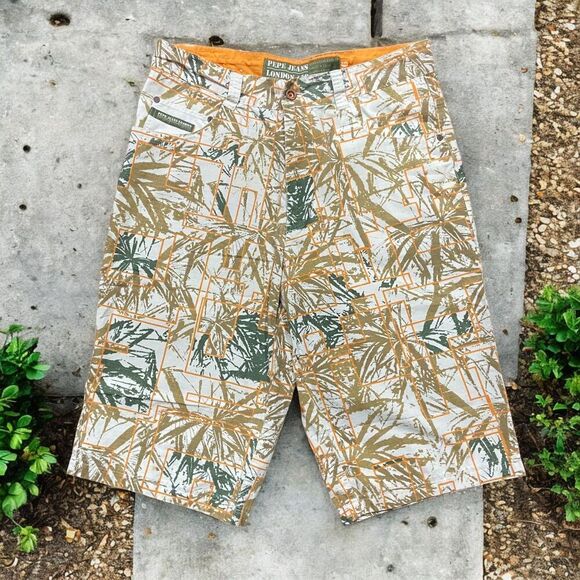 Pepe Jeans Vintage Y2K Tropical AOP Ripstop Shorts White Tan Green Men's Size 36 - Picture 1 of 9